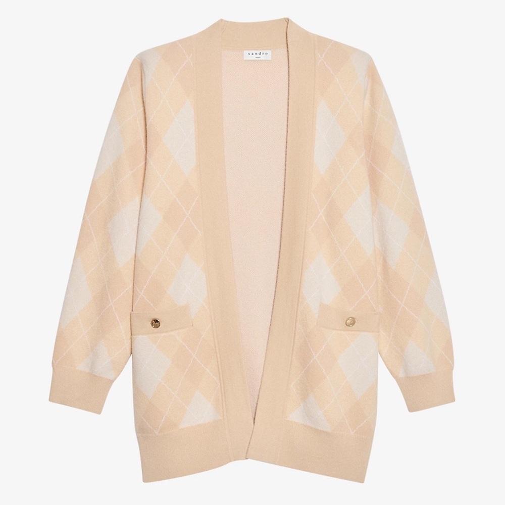 Sandro Argyle Jacquard Cardigan  Tan/White/Cream - Picture 2 of 16